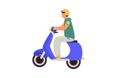 Man riding on motorbike. Cartoon teenager in helmet driving scooter. U