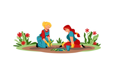 Cartoon agricultural workers. Women planting seedlings. Gardeners taki