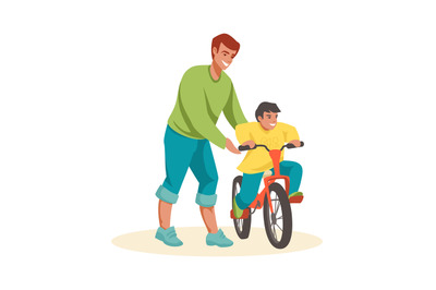 Family scenes. Dad teaches son to ride bike, father and little boy spe