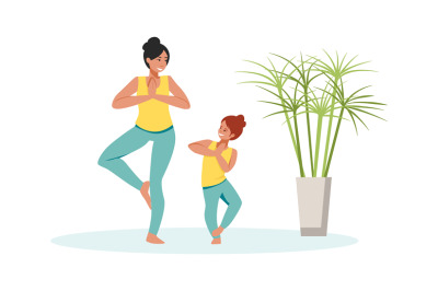 Family scenes. Mother and daughter do yoga, mom and little girl spend