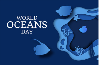 World Oceans Day. Paper cut poster of summer international holiday. Si
