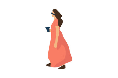 Trendy woman. Cartoon female wearing long dress and sunglasses. Isolat