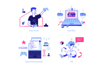 Game development concept. Doodle VR gaming. Cartoon boys holding joyst
