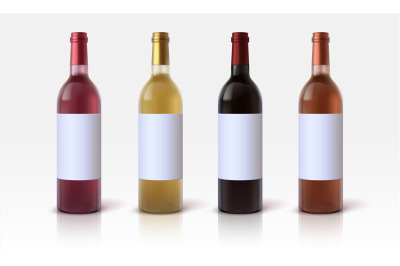 Realistic wine bottles. 3D glass containers mockup with blank labels f