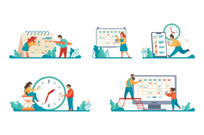 Planning schedule scenes. Cartoon people make timetables for day or mo