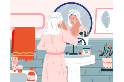 Skincare routine. Cartoon woman washing face in bathroom. Female clean