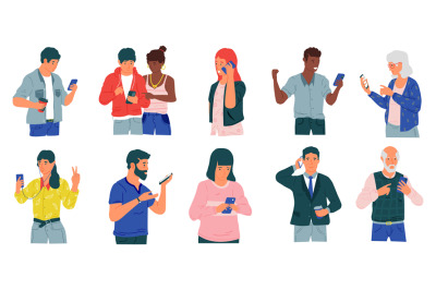 People with phones. Cartoon happy and disappointed men and women with