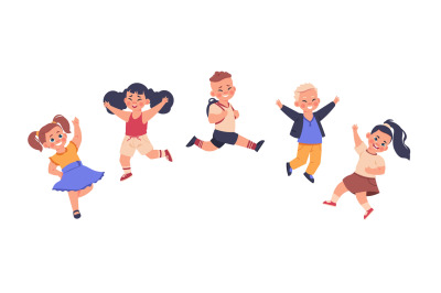 Kids jump. Cartoon happy cute preschool children characters smiling la