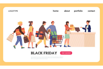 Shopping landing page. Cartoon buyers with purchases standing in line