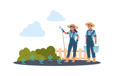 Agricultural work. Cartoon farmer characters working in field, harvest