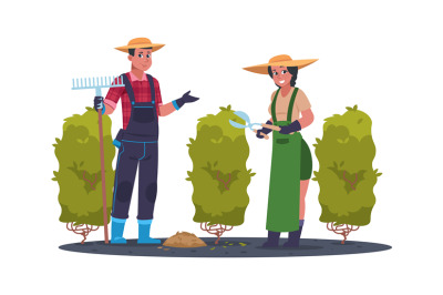 Agricultural work. Cartoon farmer activities. People work in garden. G