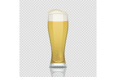 Beer glass. Realistic 3D cup with foam alcohol drink. Pint of refreshi