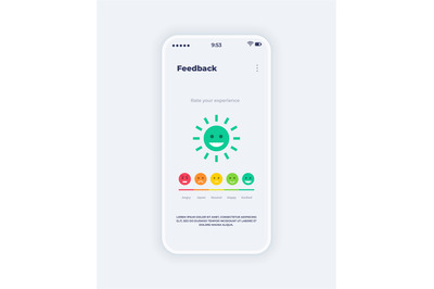 Feedback mobile app. Smartphone onboard screen with emoticons and mood