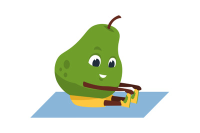 Fruit yoga. Cartoon funny pear doing sport exercises. Yoga or fitness