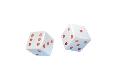 Gambling dice. 3D casino equipment. Realistic white cubes with red dot