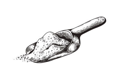 Hand drawn scoop. Shovel scooping up sand or sugar. Monochrome measuri