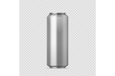 Metal tin can. Realistic drink packaging. 3D silver container for carb