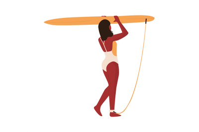 People at beach. Cartoon woman carries surfboard over head. Isolated y