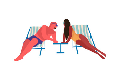 People at beach. Cartoon man and woman sitting on sun loungers and sun