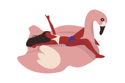 People at beach. Cartoon woman swimming in pool on pink flamingo infla