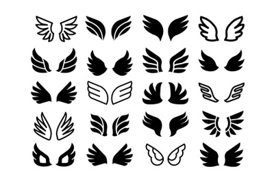 Wing pair icons. Simple angel or birds silhouette and line symbols&2C; ea