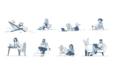 People with laptop. Cartoon men and women working with computers at ho