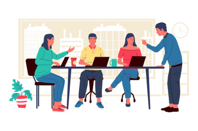 Freelancers at coworking. Cartoon people in office. Men and women work