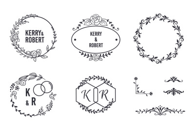 Wedding elegant monograms. Round frames and decorative corners for inv