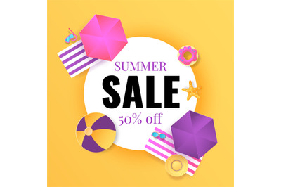 Summer sale banner. Seasonal discount. Cartoon promotion poster. Speci