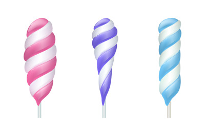 Spiral lollipop. Cartoon sweet lolly candies. Swirl bonbon on stick wi