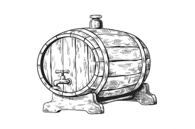 Hand drawn wooden keg with beer. Round cask with faucet and plug. Liqu