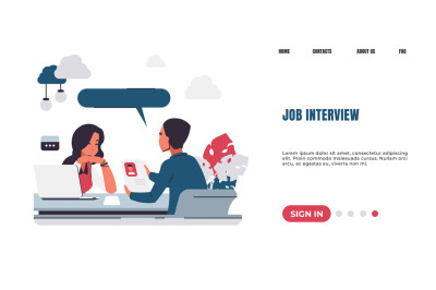 Recruitment landing page. Job interview. HR manager talking with candi