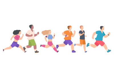 Men and women running. Cartoon people jogging. Teenagers training in s