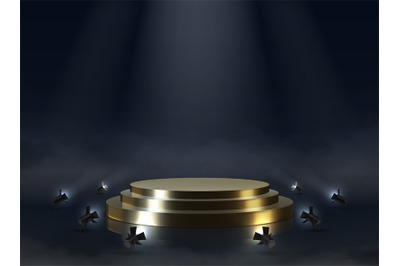 Golden pedestal. Realistic empty award or ceremony podium. Illuminated