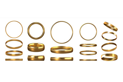 Golden rings. Realistic jewelry. View of gold accessories from differe