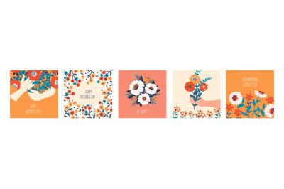 Floral banners. Cartoon square posters with blooming bouquets and hand