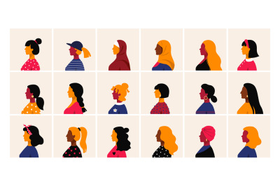 Woman profile. Female head side view, minimal cartoon faces. Cute peop