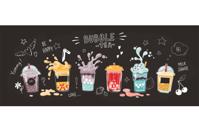 Bubble tea cup. Cartoon hand drawn poster of sweet drinks. Glasses and