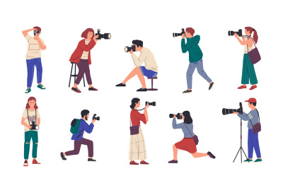 Photographers. Cartoon people with professional cameras taking picture