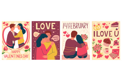 Romantic couple posters. Cartoon Valentines Day greeting cards. Februa