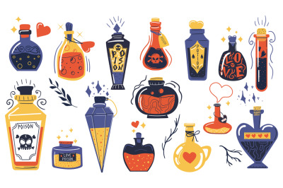 Magic potions. Alchemist cartoon bottles with love potion and magical