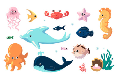 Cute sea animals. Cartoon fish swim underwater. Collection of ocean in