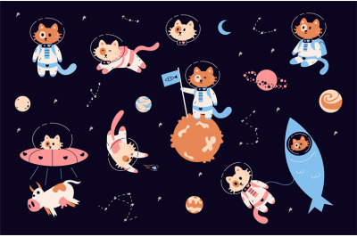 Space cats. Cartoon funny kitties in spacesuits with helmets. Childish