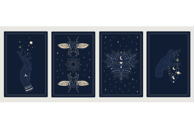 Astrology posters. Mystic sacred symbols. Cosmic cards with planets an