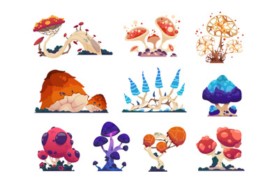 Fantasy mushrooms. Cartoon grebes. Alien nature, unusual flora. Magica