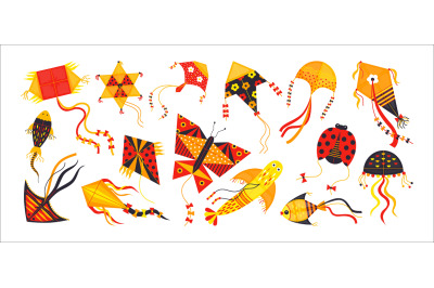 Cartoon kite. Festive toys flying in sky. Red and yellow hovering obje