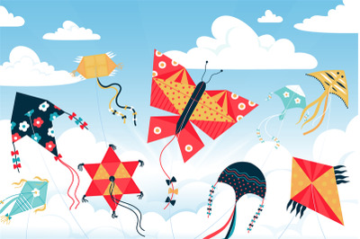 Kite in sky. Children wind toys of various shapes and colors in summer