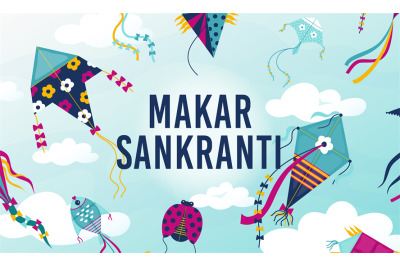 Makar Sankranti. Holiday background with flying kites of different sha