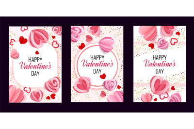 Valentine greeting card. Romantic posters with paper cut hearts and go