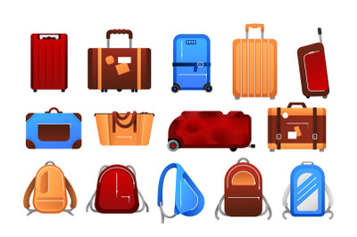 Suitcases. Cartoon travel airport luggage for journey collection, diff